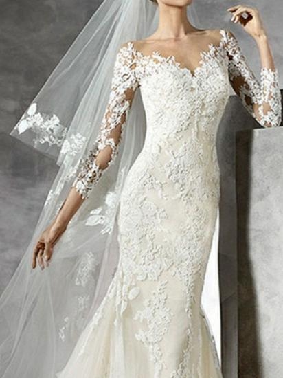 Sexy Mermaid Wedding Dress V-neck Lace 3/4 Sleeve Bridal Gowns with Sweep Train_2