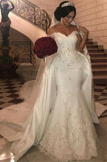 Off-the-Shoulder Sweetheart Tulle lace Appliques Long Wedding Dress with Detachable Train_1