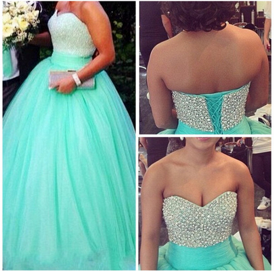 Cute Sweetheart Crystal Long Prom Dress Light Green Tulle Ball Gown Quinceanera Dresses_3