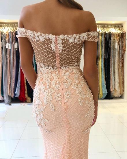 Off-the-shoulder Pink Lace Appliques Mermaid Evening Dress_4