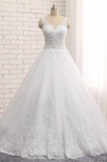 TsClothzone Gorgeous V neck Straps Sleeveless Wedding Dresses White A line Lace Bridal Gowns With Appliques Online_1