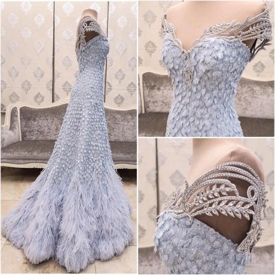 Gorgeous A-line Baby Blue Evening Dress 2022 Sparkly Crystals Feather Formal Dresses_3