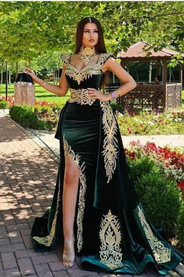 Dark Green Velvet Mermaid Evening Dress with Gold Lace appliques_1