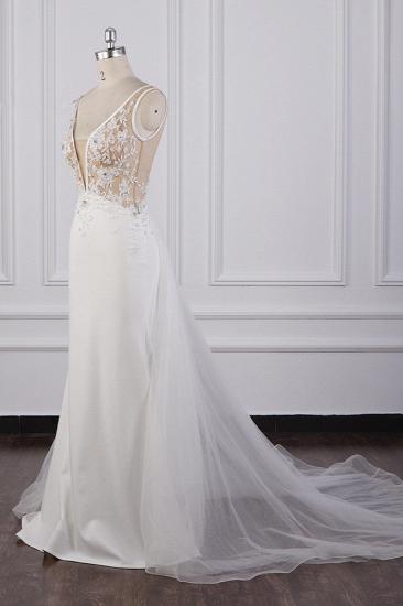 TsClothzone Chic Sheath White Satin V-neck Wedding Dress Tulle Lace Appliques Bridal Gowns Online_4