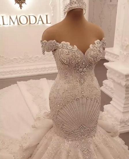 Luxuriöses schulterfreies Meerjungfrau-Hochzeitskleid mit Flügelärmeln | Sparkle Diamond Brautkleider_6