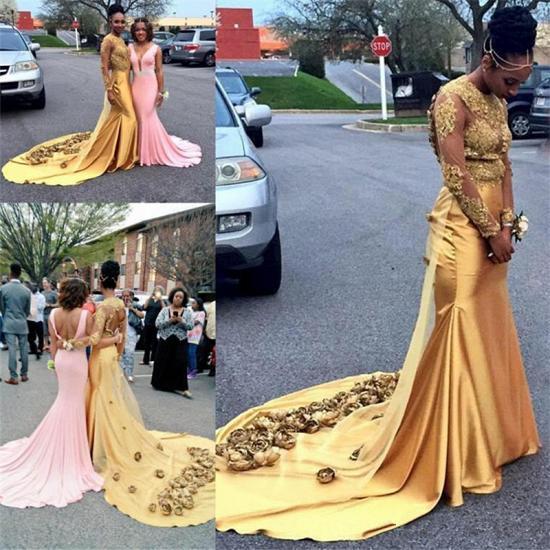 2022 Gold Lace Prom Dresses with Flowers | Open Back Long Sleeve Popular Evening Gown_3