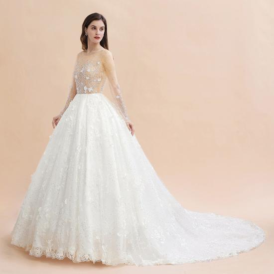 Charmantes Hochzeitskleid mit floralen Spitzenapplikationen Wunderschönes weißes Perlen-Brautkleid_11