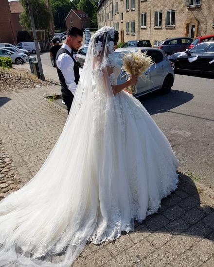 Stunning Off Shoulder V-Neck Tulle Lace Appliques Wedding Dress Aline Bridal Dress_5