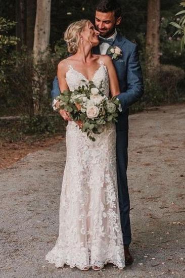 Spaghetti Straps V-neck Simple Wedding Dress with Floral Lace
