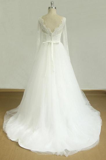Erschwingliches A-Linie weißes Spitzen-Tüll-Hochzeitskleid | Langarm-Brautkleider mit V-Ausschnitt_3