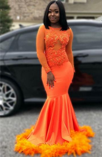 Feather Mermaid Orange Prom Dresses Cheap 2023 | Long Sleeve Sparkle Appliques Evening Gowns