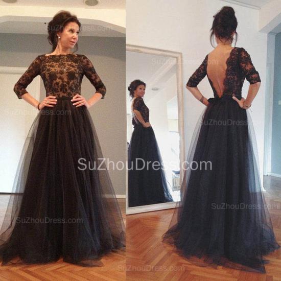 Black 3/4 Sleeve Floor Length Evening Dress Latest Lace Open Back Formal Occasion Dresses_2