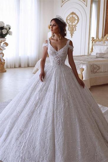 Traditional Ball Gown V-neck Cold-Shoulder White Lace Wedding Dress