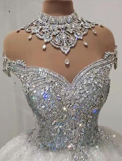 Glamorous High Neck Crystal Wedding Dresses | 2022 Short Sleeves Sheer Tulle Bridal Ball Gown_3