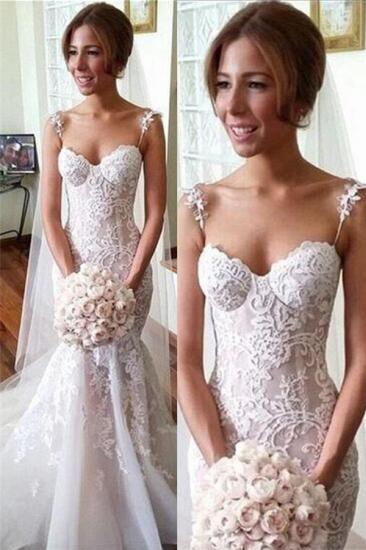 Long Applique Sleeveless Mermaid Spaghetti-Strap Tulle Wedding Dresses