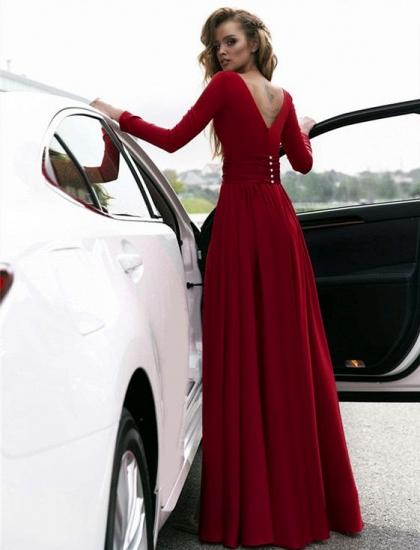 Sexy Rote Langarm V-Ausschnitt Abendkleid | Abendkleid A-Linie Bodenlang_3