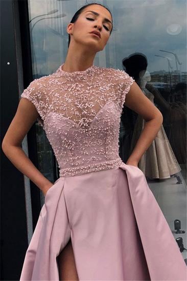 Pink Lace Cap-Sleeves Evening Dresses 2022 | Cheap Side Slit Beading Prom Dresses with Pockets_3