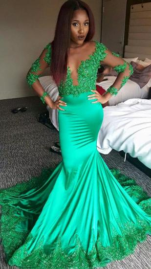 Green Long Sleeve Mermaid Evening Dresses 2022 Stretch Satin Illusion Lace Prom Dress