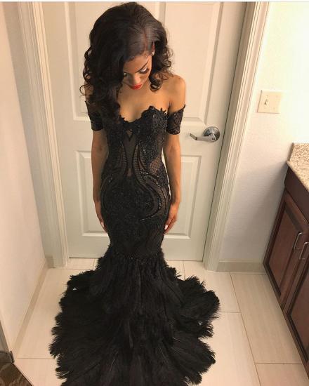 Beads Unique Lace Appliques Feather Prom Dresses | Off-The-Shoulder Fit and Flare Evening Gowns_2