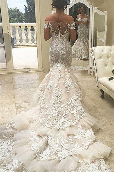 Mermaid Appliques Buttons Tulle Off-the-Shoulder Tiered Elegant 2022 Wedding Dress_2