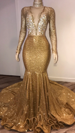 Open Back Gold Ballkleider Billig mit Choker | Langarm Meerjungfrau V-Ausschnitt Sexy Abendkleider mit Kristallen