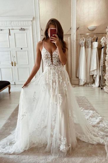 White lace beach tulle vneck boho long wedding dress
