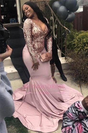 Curvy V-neck Long Sleeves Mermaid Appliques Pink Prom Dresses_1