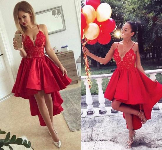 Cute Red High-low A-line Lace V-neck Homecoming Dress_4
