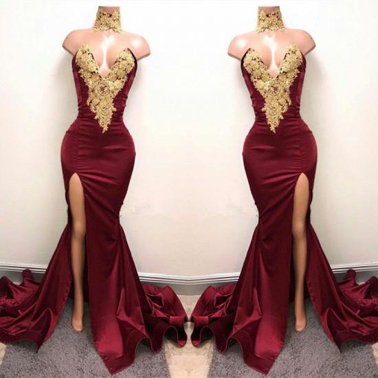 Lace Appliques Mermaid Burgundy Evening Gown 2022 Front Split High Neck Sexy Prom Dress_2