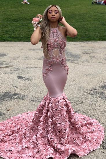 Delicate Crystal Pink Flower Prom Dress | Halter Mermaid Lace Evening Dresses