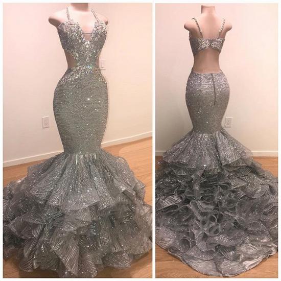 Spaghetti Straps Open Back Silver Grey Prom Dresses | Mermaid Tiered Ruffles Sexy Formal Dresses Cheap_2