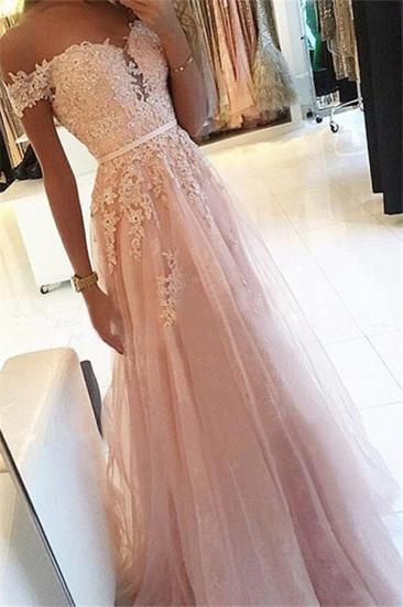 Simple Pink Off-the-Shoulder Applique Prom Dresses | Soft Tulle Sleeveless Sexy Evening Dresses