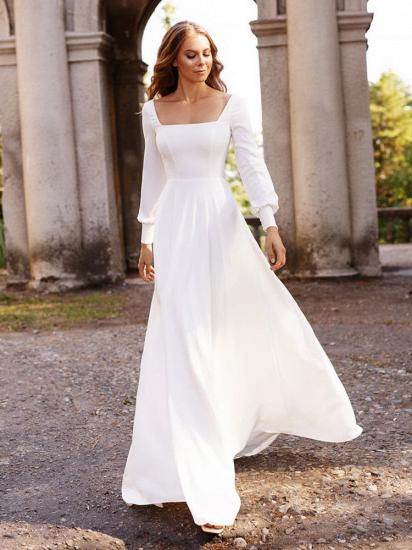 Chic White Satin Long Sleeves A-Line Wedding Dresses Long_3