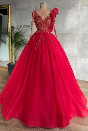 Atemberaubende rote Perlen A-Linie Abend Maxikleid Tüll V-Ausschnitt Partykleid für Damen