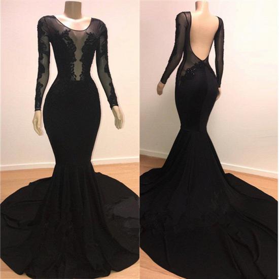 Black Backless Appliques Cheap Prom Dresses | Sexy Mermaid Appliques Evening Dresses_3