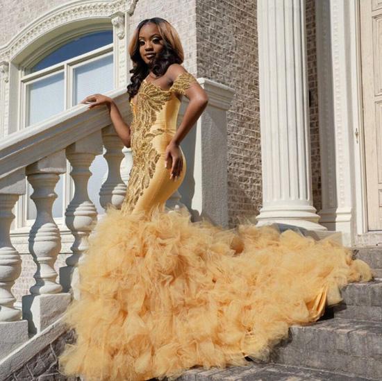Gold Beads Appliques Fit and Flare Prom Dresses | Off The Shoulder Tulle Ruffles Evening Gowns_2