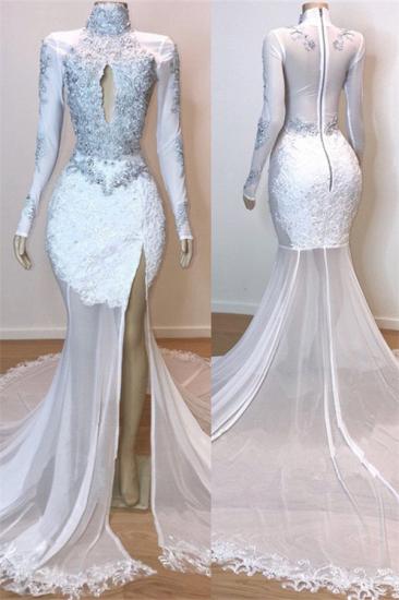 Sexy Side Slit Sheer Tulle Cheap Prom Dress On Mannequins | Long Sleeve Beads Appliques Evening Gowns 2022_1