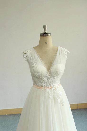 Wunderschönes ärmelloses Brautkleid in A-Linie mit V-Ausschnitt | Champgne-Tüll-Brautkleider mit Applikationen_6
