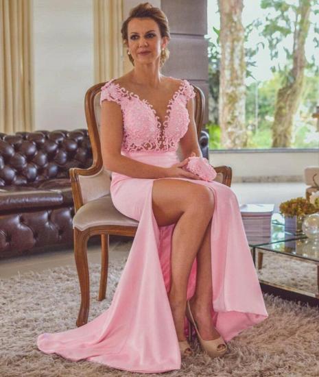 Pink Column Lace Evening Dresses | Cap Sleeves Open Back Side Slit Formal Dress_4