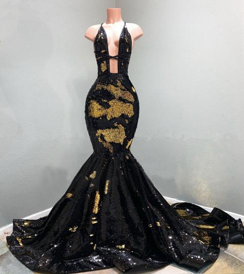 Sexy Hollow Neckline Gold and Black Long Train Mermaid Evening Dresses_2