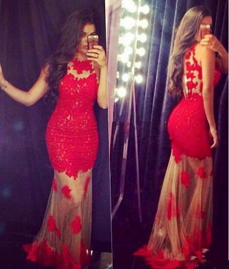 Sexy Mermaid Red Lace Long Evening Dress Popular Fitted Tulle Floor Length Special Occasion Dresses