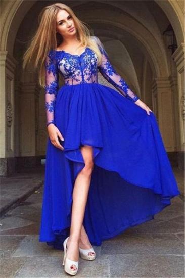 Sheer Royal Blue Hi-Lo Evening Dresses | 2022 Long Sleeves Appliques Prom Dresses_1
