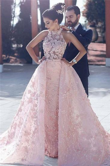 High Neck Unique Flowers Lace Evening Dress Gorgeous Pink Overskirt Prom Dress 2022_1