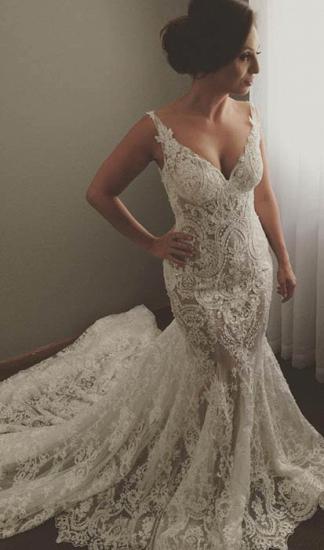 Sexy Sleeveless V-Neck Wedding Dress | Mermaid Bridal Gowns with Lace Appliques_2