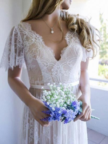Summer Champange V-neck Cap sleeveles Lace Beach Wedding Dress_3