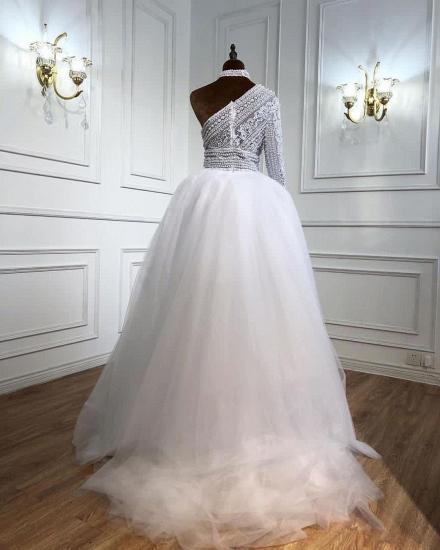 One Shoulder White Peals Lace Mermaid Wedding Gown with Tulle Detachable Train_2