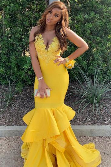 Yellow Sexy Halter V-neck Lace Ruffles Elastic Satin Prom Dress