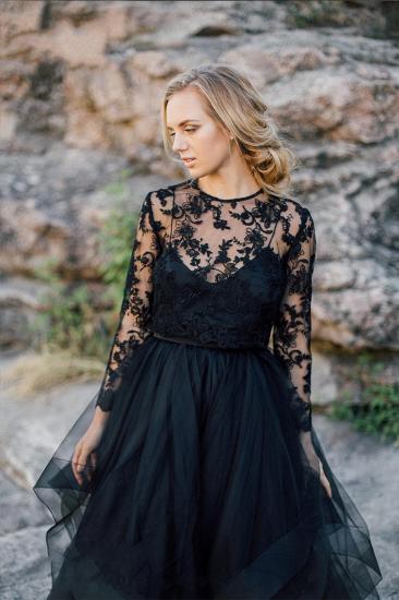 Long SLeeves Black Tulle Wedding Dress Floral Lace Aline Formal Dress_3