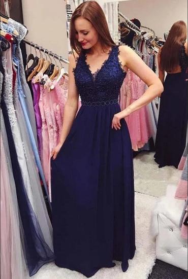Royal Blue Lace Chiffon Long Evening Prom Dress with V-Neck_2