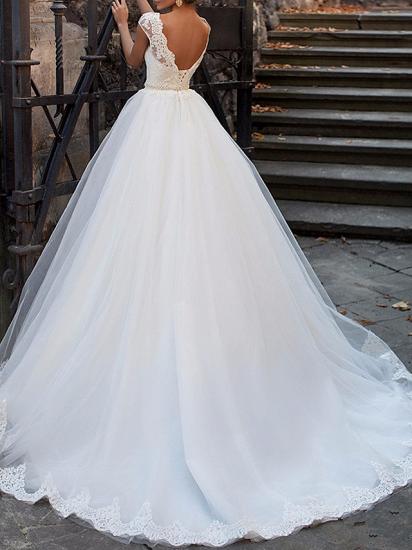 Vintage A-Line Wedding Dress Bateau Lace Cap Sleeve Glamorous Bridal Gowns Illusion Detail Backless with Sweep Train_3